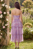 Vestido de Convidada Midi Linha A de Casamento Roxo Floral com Camadas