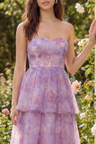 Vestido de Convidada Midi Linha A de Casamento Roxo Floral com Camadas