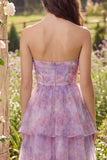 Vestido de Convidada Midi Linha A de Casamento Roxo Floral com Camadas