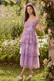 Vestido Midi Roxo de Linha-A com Estampado Floral e Folhos para Convidada de Casamento