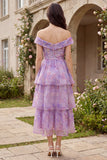Vestido Midi Roxo de Linha-A com Estampado Floral e Folhos para Convidada de Casamento