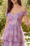 Vestido Midi Roxo de Linha-A com Estampado Floral e Folhos para Convidada de Casamento