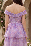 Vestido Midi Roxo de Linha-A com Estampado Floral e Folhos para Convidada de Casamento