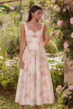 Zapaka Mulheres Vestido Midi com Alças Largas e Flor Branca e Rosa para Convidada de Casamento