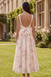 Vestido Midi com Alças Largas e Flor Branca e Rosa para Convidada de Casamento