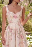 Vestido Midi com Alças Largas e Flor Branca e Rosa para Convidada de Casamento