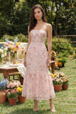 Vestido Midi Rosa com Espartilho Floral e Babados para Convidada de Casamento