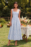 Vestido Azul Midi em Jacquard com Decote Quadrado para Convidada de Casamento