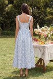 Vestido Azul Midi em Jacquard com Decote Quadrado para Convidada de Casamento
