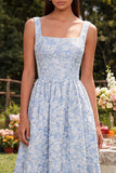 Vestido Azul Midi em Jacquard com Decote Quadrado para Convidada de Casamento