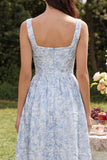 Vestido Azul Midi em Jacquard com Decote Quadrado para Convidada de Casamento