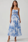 Vestido Midi Branca e Azul com Estampado Florai Linha-A com Espartilho para Convidada de Casamento