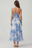 Vestido Midi Branca e Azul com Estampado Florai Linha-A com Espartilho para Convidada de Casamento