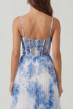 Vestido Midi Branca e Azul com Estampado Florai Linha-A com Espartilho para Convidada de Casamento