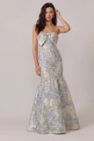 Vestido de Convidado de Casamento Sereia  Azul Empoeirado Jacquard com Laços