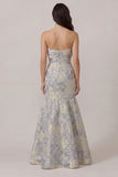 Vestido de Convidado de Casamento Sereia  Azul Empoeirado Jacquard com Laços