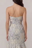 Vestido de Convidado de Casamento Sereia  Azul Empoeirado Jacquard com Laços