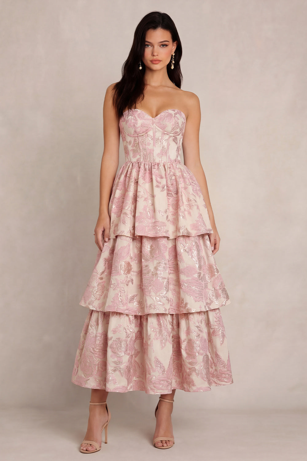 Corar ZAPAKA Mulher Vestido Midi Cor Corar Jacquard Para Convidada de ...