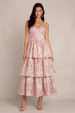 Vestido Midi Corar jacquard com Corpete e Decote em Coração Para Convidada de Casamento