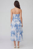 Espartilho Linha-a  Flor Branca Azul Vestido Midi Sem Alças em Camadas