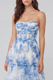 Espartilho Linha-a  Flor Branca Azul Vestido Midi Sem Alças em Camadas