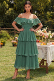Vestido Midi de Convidada de Casamento com Folhos em Camadas em Linha-A na Cor Eucalipto.