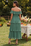 Vestido Midi de Convidada de Casamento com Folhos em Camadas em Linha-A na Cor Eucalipto.