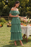 Vestido Midi de Convidada de Casamento com Folhos em Camadas em Linha-A na Cor Eucalipto.