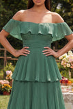 Vestido Midi de Convidada de Casamento com Folhos em Camadas em Linha-A na Cor Eucalipto.