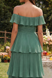 Vestido Midi de Convidada de Casamento com Folhos em Camadas em Linha-A na Cor Eucalipto.