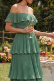 Vestido Midi de Convidada de Casamento com Folhos em Camadas em Linha-A na Cor Eucalipto.