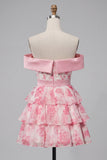 Espartilho cor-de-rosa, Espartilho cor-de-rosa, vestido floral em camadas, vestido de regresso a casa com laço