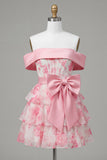 Espartilho cor-de-rosa, Espartilho cor-de-rosa, vestido floral em camadas, vestido de regresso a casa com laço