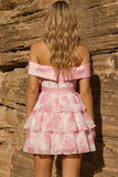 Espartilho cor-de-rosa, Espartilho cor-de-rosa, vestido floral em camadas, vestido de regresso a casa com laço