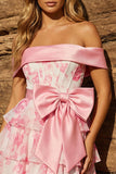 Espartilho cor-de-rosa, Espartilho cor-de-rosa, vestido floral em camadas, vestido de regresso a casa com laço