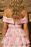 Espartilho cor-de-rosa, Espartilho cor-de-rosa, vestido floral em camadas, vestido de regresso a casa com laço