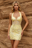 Vestido de Homecoming Floral Bodycon Bodycon Corset Amarelo Transparente com Decote Topo e Lantejoulas
