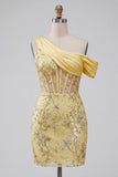 Vestido de Finalista Amarelo Bodycon transparente Corset Transparente com Um Ombro e Lantejoulas