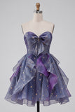 Vestido de Finalistas Azul Dusty A-Line com folhos