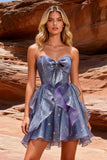 Vestido de Finalistas Azul Dusty A-Line com folhos