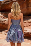 Vestido de Finalistas Azul Dusty A-Line com folhos