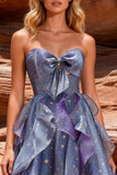 Vestido de Finalistas Azul Dusty A-Line com folhos