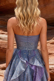 Vestido de Finalistas Azul Dusty A-Line com folhos