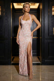 Espartilho cor-de-rosa com capças aplicadas Vestido de noite comprido com fenda