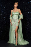 Vestido de noite com bordado de sereia verde, espartilho sem alças, com fenda