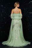 Vestido de noite com bordado de sereia verde, espartilho sem alças, com fenda