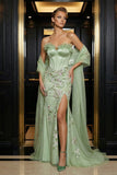 Vestido de noite com bordado de sereia verde, espartilho sem alças, com fenda