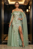 Vestido de Noite Espartilho Verde, Bordado Sem Alças, Espartilho Verde com Fenda