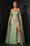 Vestido de Noite Espartilho Verde, Bordado Sem Alças, Espartilho Verde com Fenda