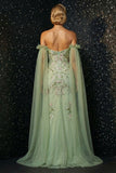 Vestido de Noite Espartilho Verde, Bordado Sem Alças, Espartilho Verde com Fenda